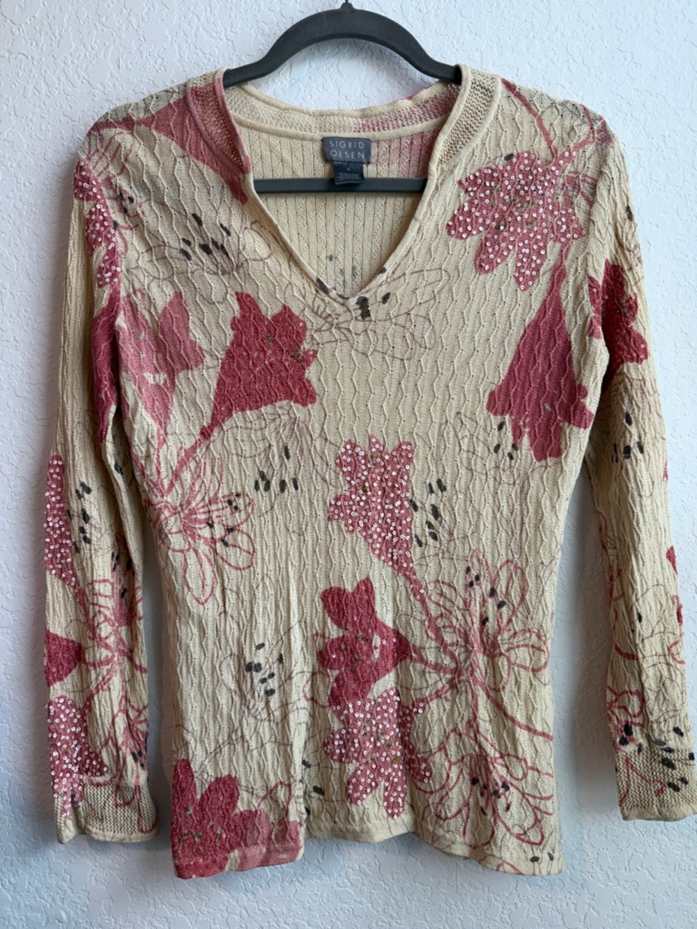 Sigrid Olsen Cream Long-Sleeve V-Neck Top with Rose Print